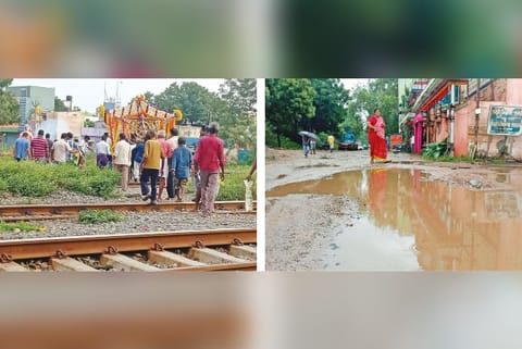 People carrying a body across the railway track (L); a waterlogged interior street (R)