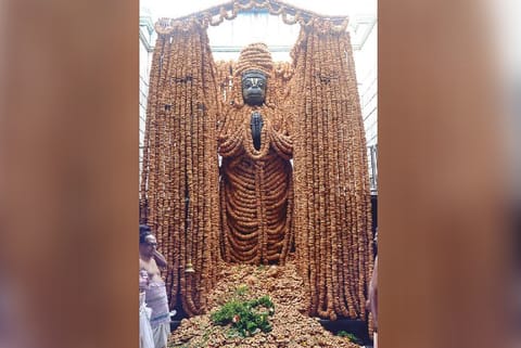 Lord Hanuman at Sri Anjaneyar Temple adorned with 1.08 lakh vadas for Hanuman Jayanti