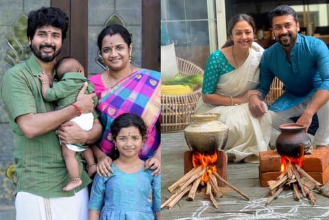 Sivakarthikeyan with his family (right) and Suriya with Jyothika (Image source: Twitter)