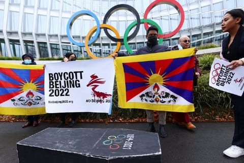 Tibetan activists hold a mock funeral protests against China hosting Winter Olympics. Image: Reuters