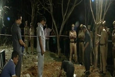 Officials inspecting the ?meteorite? site near a private engineering college in Vellore district