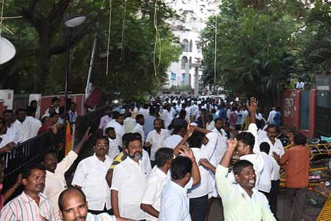 AIADMK cadre protest outside Apollo Hospitals in Greams Road
