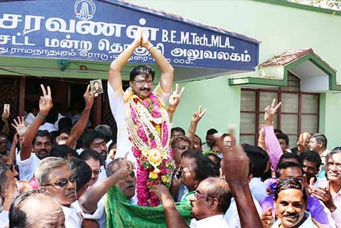 Madurai South MLA Saravanan being given a rousing welcome by his supporters of his constituency