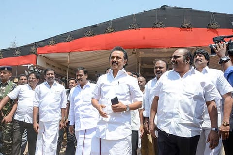 DMK working president MK Stalin inspects preparations for the June 3 event in Chennai