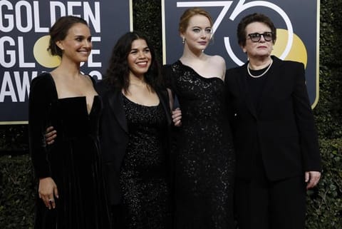 (L-R) Actresses Natalie Portman, America Ferrera, Emma Stone and Tennis great Billie Jean King