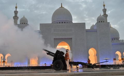 Canon firing at Sheikh Zayed Masjid in Abu Dhabi on the first day of Holy month of Ramadan.