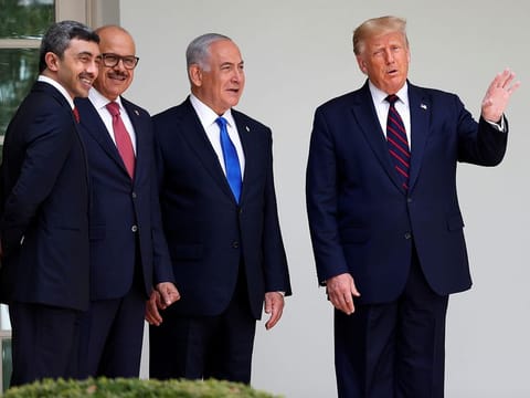 US President Donald Trump talks with Sheikh Abdullah Bin Zayed Al Nahyan, UAE Minister of Foreign Affairs and International Cooperation, Bahrain's Foreign Minister Abdullatif Al Zayani and Israel's Prime Minister Benjamin Netanyahu as they stand together on the West Wing colonnade before the signing of the Abraham Accords, normalising relations between Israel and some of its Middle East neighbors, in a strategic realignment of Middle Eastern countries against Iran, on the South Lawn of the White House in Washington, US. File photo.