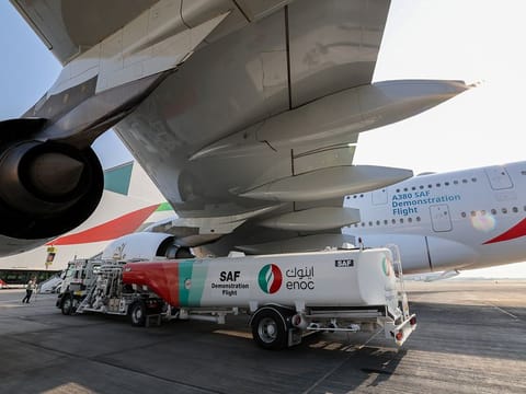 A tanker arrives at DXB to fill sustainable aviation fuel (SAF) in an Emirates Airbus A380 test flight EK2641. One of A380 jumbo jet's engines was powered by SAF. Photo used for illustrative purposes.