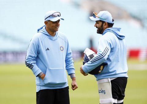 India's Rohit Sharma with head coach Rahul Dravid during practice on the eve of the World Test Championship Final at The Oval.