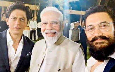 Bollywood actors Shah Rukh Khan and Aamir Khan click a selfie with Prime Minister Narendra Modi