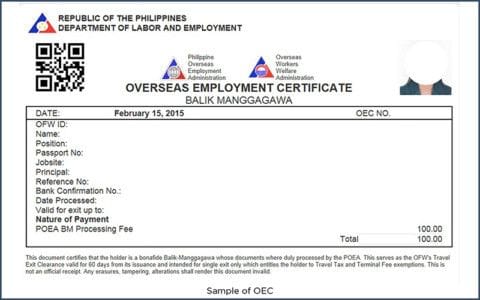 An Overseas Employment Certificate (OEC).