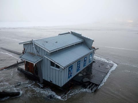A view of the collapsed pier at the Santa Cruz Wharf, California, on December 23, 2024. Videos posted on social media showed part of the pier adrift in the water as waves lashed the coastline.
