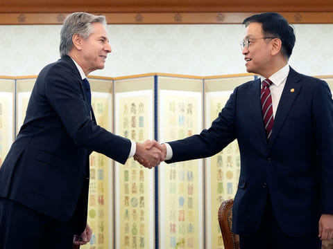 South Korea's Acting President Choi Sang-mok (R) and US Secretary of State Antony Blinken shakes hands during a meeting in Seoul on January 6, 2025.