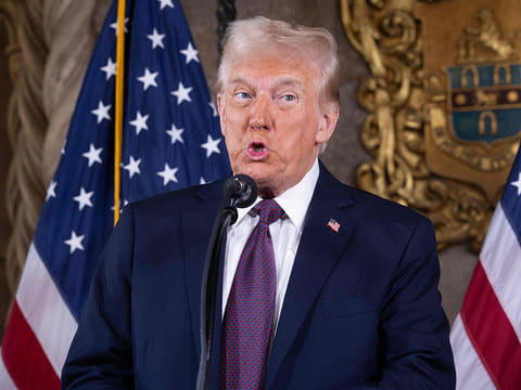 US President-elect Donald Trump speaks to members of the media during a press conference at the Mar-a-Lago Club on January 07, 2025 in Palm Beach, Florida.