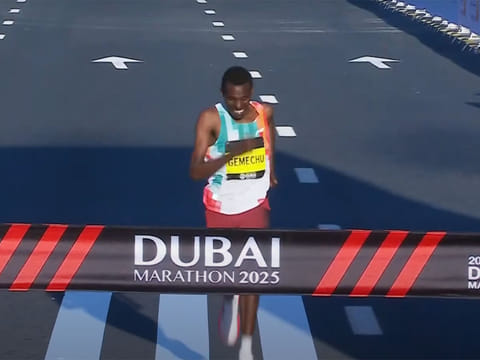 Ethiopian runner Bute Gemechu wins the 2025 Dubai Marathon for men.