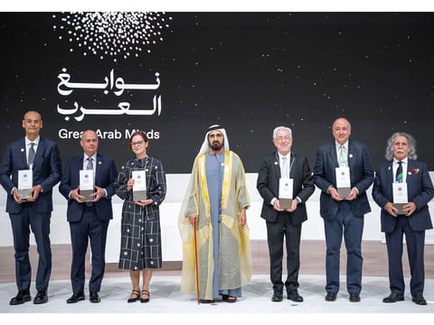 His Highness Sheikh Mohammed bin Rashid Al Maktoum, Vice President and Prime Minister of the UAE and Ruler of Dubai, with Great Arab Minds award winners Architect Sahel Al Hiyari, Architect and Urban Designer, Professor Omar Yaghi, Professor of Chemistry, Professor Yasmine Belkaid, President of Institut Pasteu, at the University of California, Berkeley, Professor Oussama Khatib, Professor of Computer Science and Director of the Robotics Laboratory at Stanford University, Professor Yacine Aït-Sahalia, Professor of Finance and Economics at Princeton University and Artist Dia Al-Azzawi, Visual Artist specializing in contemporary Arab Art.