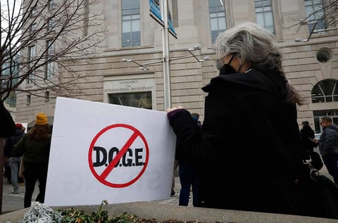 Employees and supporters protest outside of the US Agency for International Development (USAID) headquarters on February 03, 2025 in Washington, DC.
