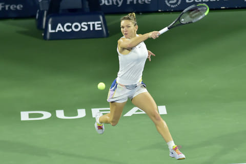 Simona Halep in action against Elena Rybakina in the women’s final at the Dubai Duty Free Tennis Championships on February 22, 2020.