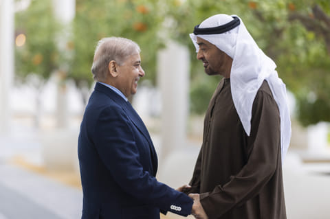 UAE President Sheikh Mohamed bin Zayed Al Nahyan meets with Muhammad Shehbaz Sharif, Prime Minister of Pakistan on Tuesday in Abu Dhabi.interests.