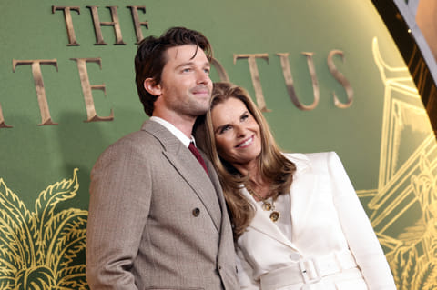 Patrick Schwarzenegger and Maria Shriver attend the LA Premiere of "The White Lotus" Season 3, out on OSN+ in the UAE