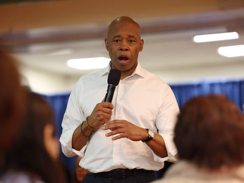 New York City Mayor Eric Adams speaks during an Adult Town Hall at Sunnyside Community Services Older Adult Center on February 12, 2025 in the Queens borough of New York City.