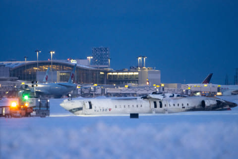 A Delta Air Lines plane that crashed and injured at least 18 passengers at Toronto Pearson International Airport, Canada, earlier this year.