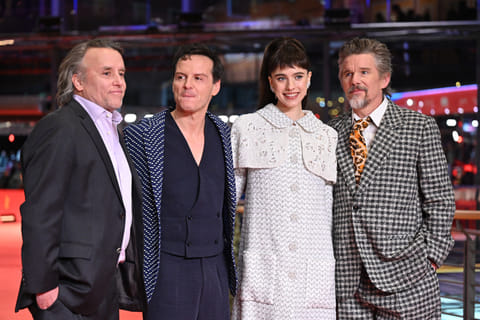 US director Richard Linklater, Irish actor Andrew Scott, US actress Margaret Qualley and US actor Ethan Hawke pose for photographers on the red carpet for the film "Blue Moon" presented in competition of the 75th Berlinale, Europe's first major film festival of the year, on February 18, 2025 in Berlin.