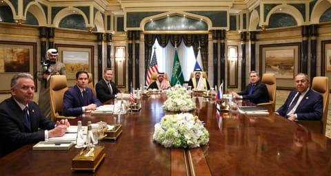 From left: US Middle East envoy Steve Witkoff, Secretary of State Marco Rubio, National Security Advisor Mike Waltz, Saudi Arabia's Foreign Minister Prince Faisal bin Farhan Al Saud, National Security Advisor Mosaad bin Mohammad Al Aiban, the Russian president's foreign policy advisor Yuri Ushakov, and Russia's Foreign Minister Sergei Lavrov attend a meeting together at Riyadh's Diriyah Palace on February 18, 2025.