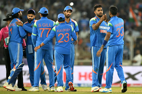 India's players celebrate after winning the third One-Day International against England in Ahmedabad last week.