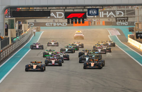 Lando Norris of McLaren lead the pack at the start of the Formula 1 Etihad Airways Abu Dhabi Grand Prix 2024 at Yas Marina circuit on Sunday.