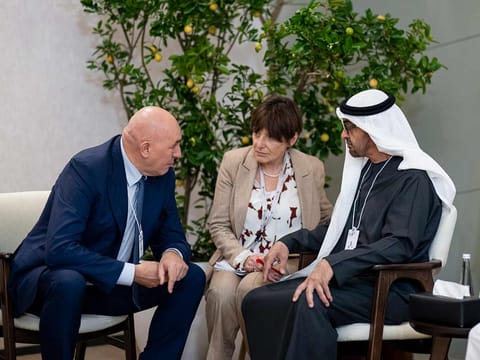 President His Highness Sheikh Mohamed bin Zayed Al Nahyan meets with Guido Crosetto, Minister of Defence of Italy, on the sidelines of the IDEX 2025, at Abu Dhabi National Exhibition Centre (ADNEC).
