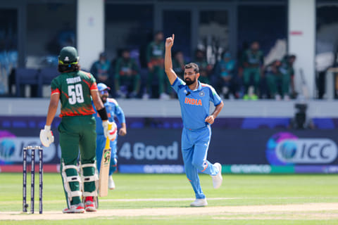 Indian bowler Mohammed Shami celebrate celebrate a wicket in the Champions Trophy match against Bangladesh at Dubai International stadium on Thursday. Photo: Virendra Saklani/Gulf News