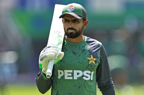 Pakistan's Babar Azam attends a warm-up session before the start of the ICC Champions Trophy one-day international (ODI) cricket match between Pakistan and India at the Dubai International Stadium in Dubai on February 23, 2025.