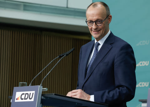 The leader of Germany's Christian Democratic Union (CDU) Friedrich Merz addresses a press conference at the party's headquarters the Konrad-Adenauer-Haus in Berlin, on February 24, 2025, one day after the German federal elections.