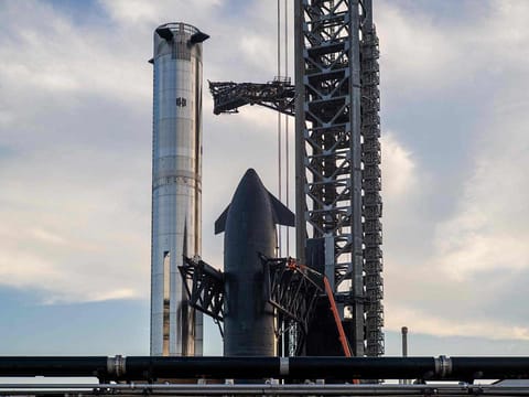 SpaceX Starship Flight 8 is stationed near Orbital Launch Pad A ahead of launch at Boca Chica beach in Boca Chica Beach, Texas.