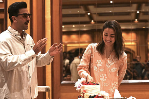 Bollywood actor Ranbir Kapoor (L) takes part in the birthday celebrations of his actress wife Alia Bhatt, in Mumbai on March 13, 2025.