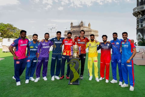 The captains of the 10 teams during a photo call ahead of the Indian Premier League Season 18 in Mumbai on Thursday.