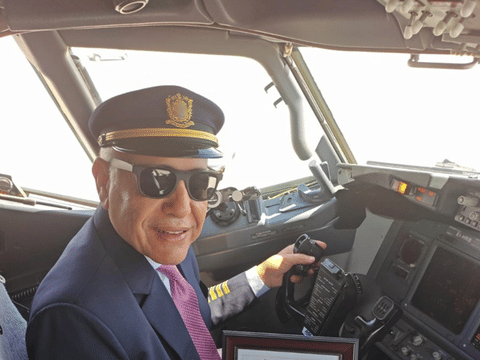 SolitAir CEO and Founder, Hamdi Osman inside the cockpit of the newly arrived Boeing 737-800 aircraft on the day the company received its AOC to make it officially a UAE national carrier.