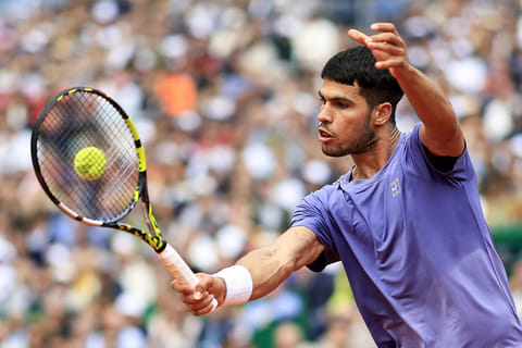 Spain's Carlos Alcaraz plays a backhand return to Spain's Alejandro Davidovich Fokina during the Monte Carlo ATP Masters Series Tournament semi-final tennis match.