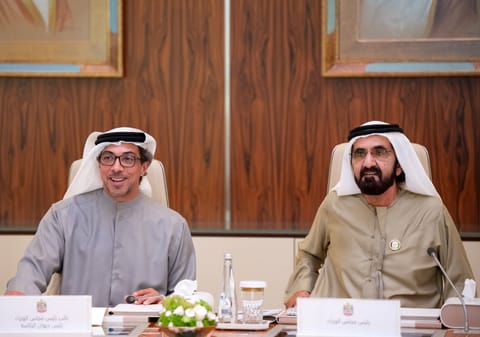 His Highness Sheikh Mohammed bin Rashid Al Maktoum, Vice President and Prime Minister of the UAE and Ruler of Dubai, Sheikh Mansour bin Zayed Al Nahyan, Vice President, Deputy Prime Minister and Chairman of the Presidential Court; and Sheikh Maktoum bin Mohammed bin Rashid Al Maktoum, First Deputy Ruler of Dubai, Deputy Prime Minister and Minister of Finance of the UAE during the cabinet meeting on Monday, April 14.