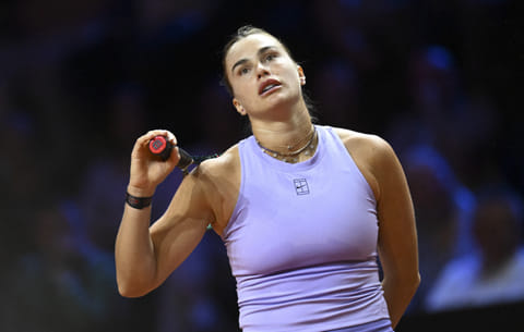 Belarus’ Aryna Sabalenka reacts during the Women's Tennis Grand Prix WTA tournament final against Jelena Ostapenko in Stuttgart.