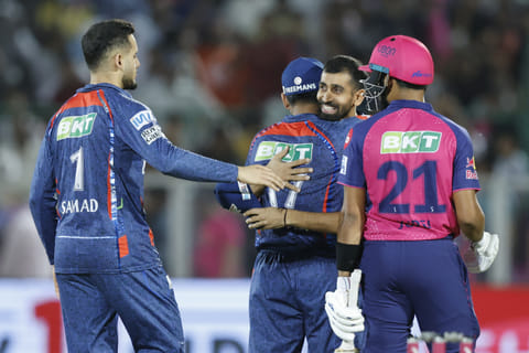 Rajasthan Royals' Dhruv Jurel wears a dejected look as Lucknow Super Giants players celebrate their win in the IPL Season 18 match in Jaipur on Saturday.