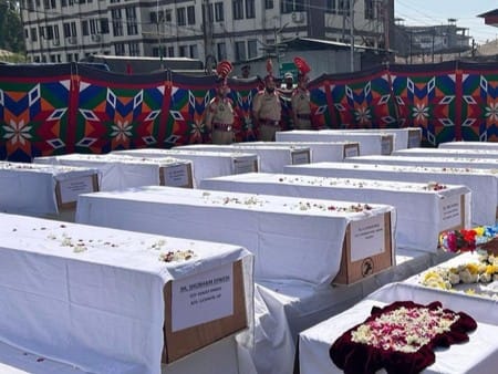 Coffins containing the bodies of Pahalgam terror victims