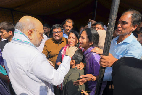 Federal Home Minister Amit Shah meets the families of Pahalgam terror attack victims, in Srinagar on Wednesday.