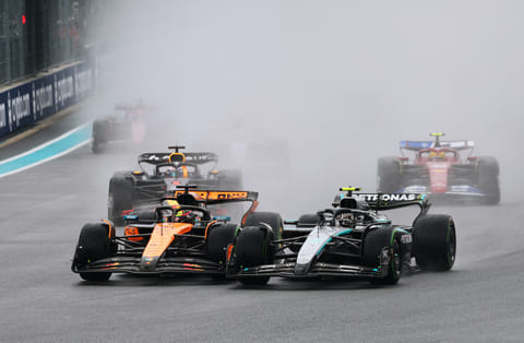 Oscar Piastri of Australia driving the (81) McLaren MCL39 Mercedes and Andrea Kimi Antonelli of Italy driving the (12) Mercedes AMG Petronas F1 Team W16 battle for track position at the start during the Sprint ahead of the F1 Grand Prix of Miami at Miami International Autodrome on May 03 in Miami, Florida.