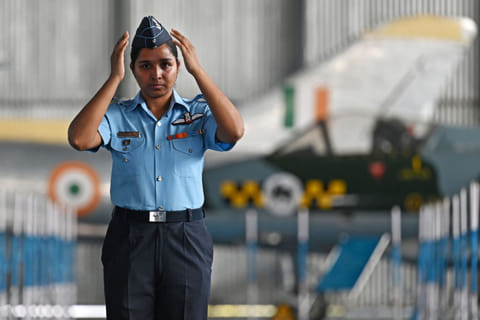 This photograph taken on April 15, 2025 shows Lieutenant Shivangi Singh of the Indian Air Force (IAF) during an interview with AFP at the Air Force Museum in New Delhi.