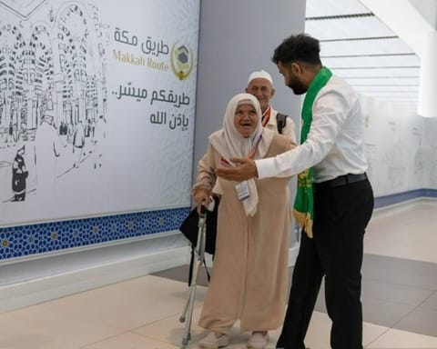 Elderly pilgrims get a welcome prior to boarding Saud Arabia -bound flights for Hajj.