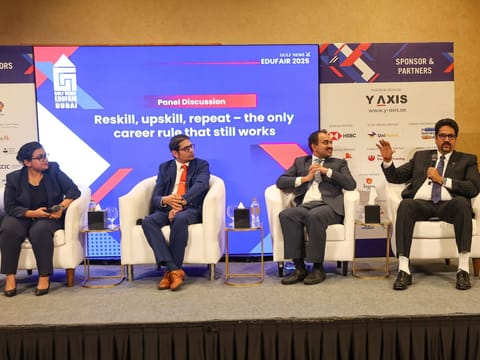 Panelists at the session Reskill, upskill, repeat – the only career rule that still works, on Day 1 at GN Edufair 2025. From left: Dr Arpita Mehrotra, Associate Dean, Westford, Hisham Jiffry, Course Manager and Senior CMA Trainer, Pwc Academy Middle East, Vignesh Sivakumar, Operations Director, Phoenix Financial Training, and Krishna Kumar Negade - Head of Recruitment & External Engagement, De Montfort University Dubai