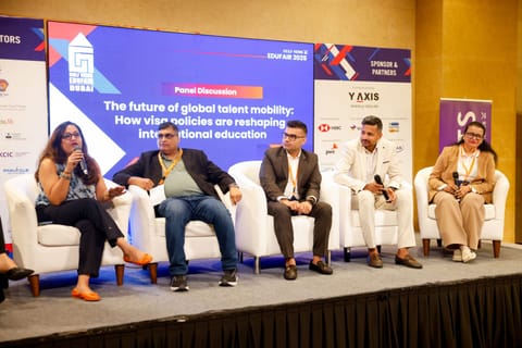 Shivani Kumar, Director of University Guidance Counselling, UniHawk, Dr. Muhammad Yousuf Qadri, Chief Executive Officer, Qadri International Educational Consultancy, Abheet Bharti, Founder and CEO, GuideMe Education, Tejas Labhshetwar, Founder and CEO, Gyanberry, and Seema Krishna, Head Counsellor and Assistant Manager, Score Plus Education speaking at the panel titled The future of global talent mobility: How visa policies are reshaping international education