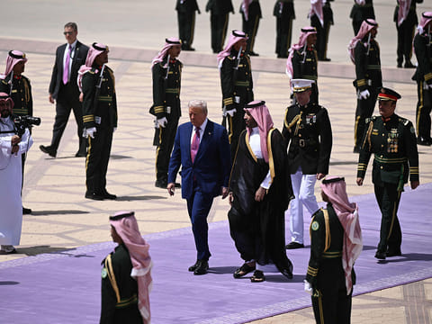 Lavender carpet welcome: Saudi Crown Prince Mohammed bin Salman with US President Donald Trump upon his arrival in Riyadh on May 13, 2025.